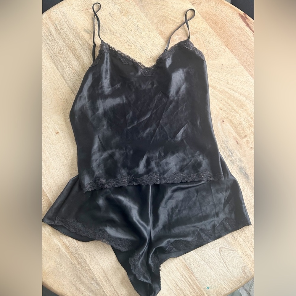 Victoria's Secret Black Satin Lace-Trim Camisole & Shorts Set